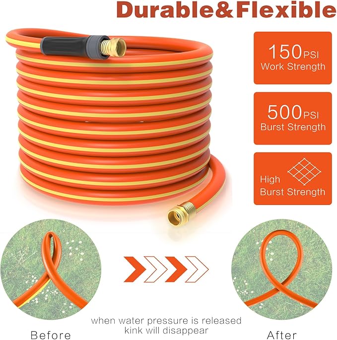 Hybrid Hose 75ft x 5/8", Short Garden Water Hose Heavy Duty, Flexible, Lightweight Hybrid Water Hose with Swivel Handle,3/4'' Brass Fittings, Available For Reel Cart Backyard Burst 500 PSI
