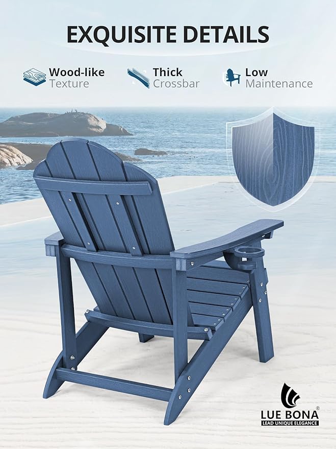 LUE BONA HDPE Adirondack Chairs Set of 2,Plastic Adirondack Chairs with Cup Holder Weather Resistant for Outdoor, Patio, Lawn, Garden, Backyard Deck, Fire Pit, Blue