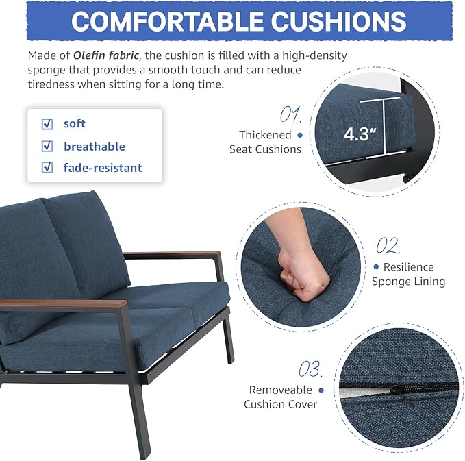 Soleil Jardin Aluminum Patio Furniture Loveseat, Outdoor 2 Seats Sofa Couch with FSC Certified Solid Wood Top, Outdoor Conversation Set Deep Seating Loveseat w/Removable Cushion, Denim Blue