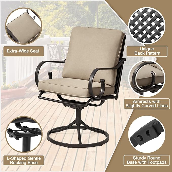 MELLCOM Patio Swivel Chair Set of 8, Heavy Duty Outdoor Dining Chairs with Thickened Cushions, Metal Patio Chairs Gentle Rocker for Outside, Garden Lawn & Porch, Backyard, Khaki