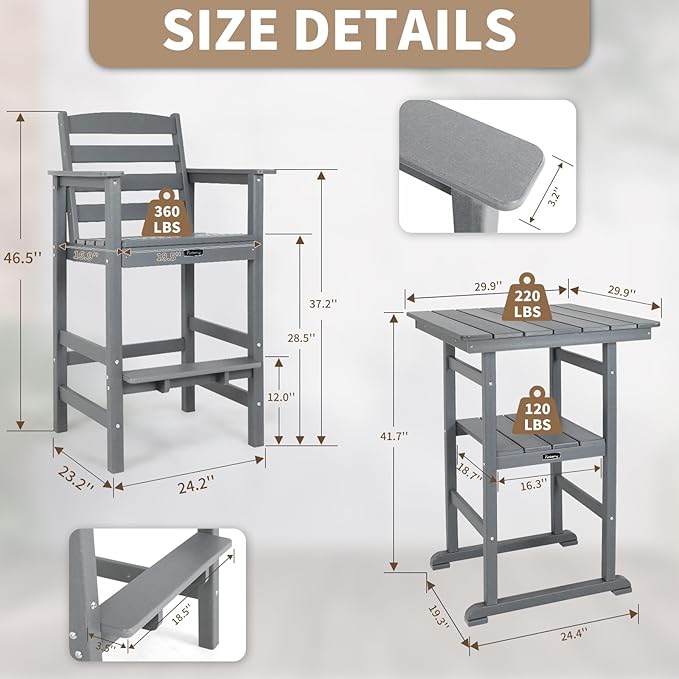 FUNBERRY Outdoor Bar Set with Umbrella Holes, Tall Adirondack Chairs and Table, All Weather HDPE Bar Height Outdoor Table and Chairs Set for Bistro Patio Balcony
