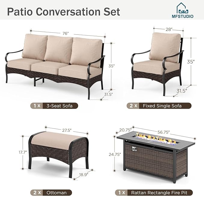 MFSTUDIO 6 PCS Outdoor Patio Furniture Set, Metal Outdoor Conversation Set, Rattan Wicker Patio Sectional Set with 2 x Fixed Single Sofa, 3-Seat Sofa, 2 x Ottoman, 1 x Fire Pit Table, Beige