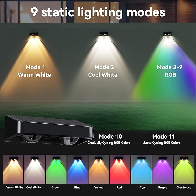 Solar Fence Lights 8 Pack 9 Colors & 11 Lighting Modes Solar Wall Lights Outdoor Waterproof IP65 RGB Color Changing Fence Lights Solar Powered for Garden Yard Patio Deck Step Patio Wall