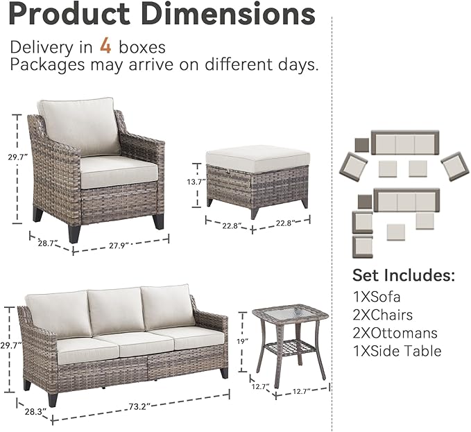 Patio Furniture Set, 6 Pieces Outdoor Wicker Rattan Sofa Couch with Rattan Chair, Side Table, Ottomans and Comfy Cushions, All Weather Patio Conversation Sets, Suit for Porch Deck Garden