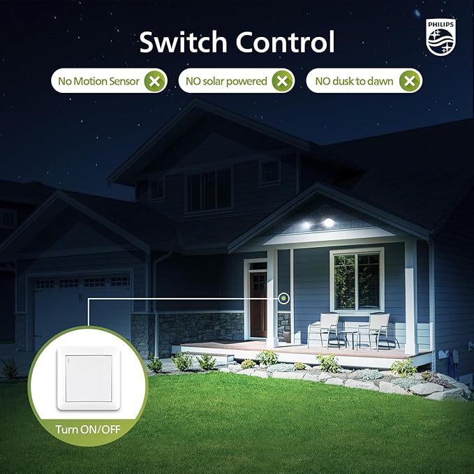 Philips 2 Packs 44W 3500LM ‌LED Security Flood Light‌ ‌Outdoor‌，Switch Controlled Aluminum ‌Security Light‌, 2 Adjustable Heads，5000K Daylight，Wet Location for Patio, Garden, Yard Lights