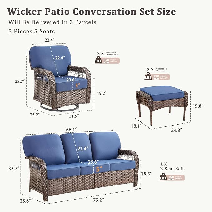 5 Pieces Patio Furniture Set Outdoor Sectional Sofa Couch with Rocking Swivel Chairs 5" Deep Seat Chairs, Modern Wicker Rattan Conversation Set, Blue/Brown Wicker