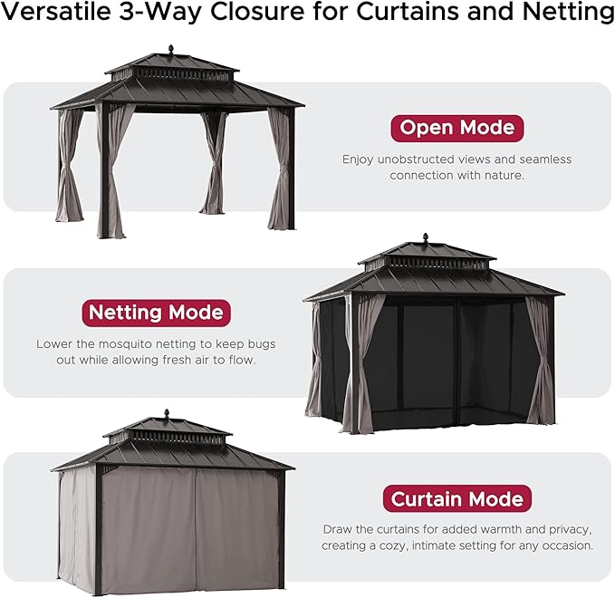 SUNJOY Kingston 12' x 10' Hardtop Gazebo with Galvanized Steel Double Roof, Curtain and Netting, Brown Aluminum Posts Permanent Pavilion Gazebo for Garden, Patio, Deck, Lawn