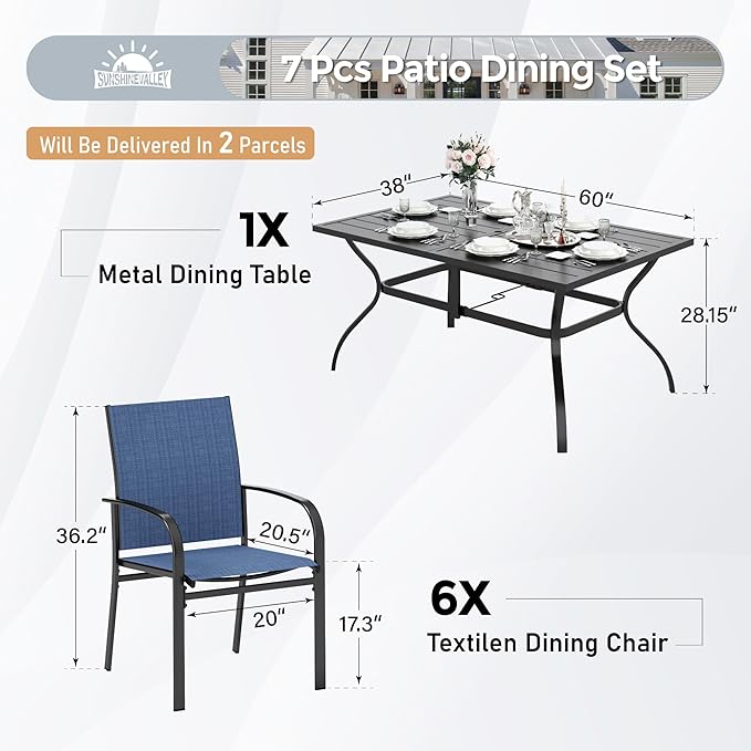 7 Piece Patio Dining Set for 6, Rectangular Metal Dining Table with Umbrella Hole and 6 Chairs, Outdoor Table and Chairs Set for Lawn Backyard and Deck, Blue