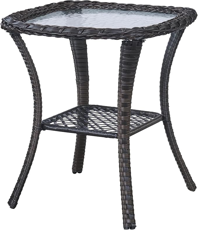 Outdoor Side Table, Brown Rattan Wicker Patio Side Table, Patio End Table, Small Outdoor Side Table with Glass Tabletop and Storage Shelf (Brown)