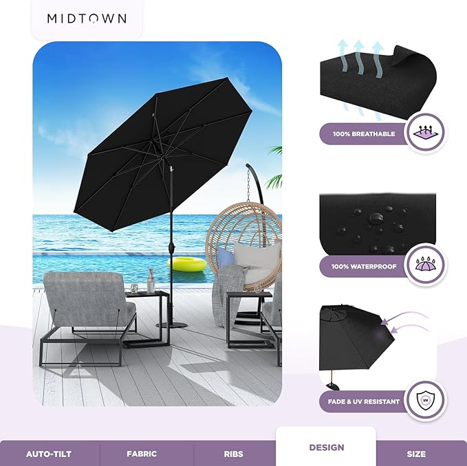 Midtown Umbrellas 10-Year-No-Fade - 10 Ft - UV Proof Ebony Black Polyester Fabric - Umbrella Outdoor Patio, Aluminum Frame Large Patio Umbrella for Garden, Pool & Deck - Black Pole