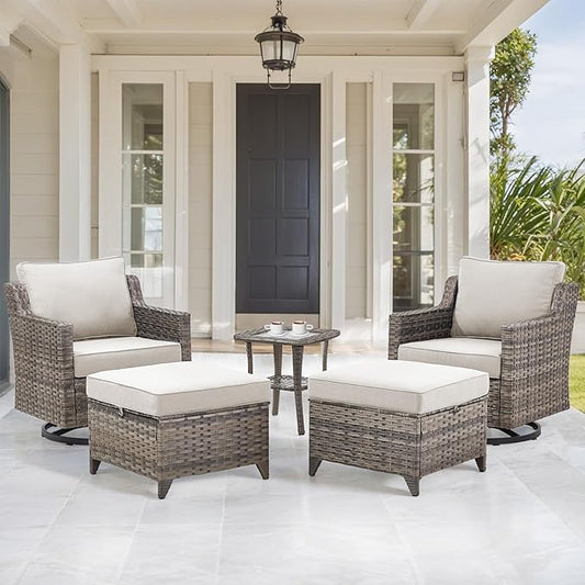 Patio Furniture Set, 5 Piece Outdoor Patio Furniture with Swivel Rocking Chairs, Side Table, Rattan Ottomans, Comfy Cushions, Conversation Sets for Garden Porch Deck Backyard