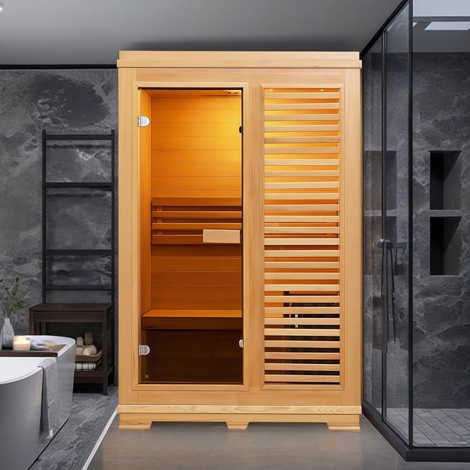 Indoor Traditional Steam Sauna 2 Person, Canadian Hemlock Saunas, 4.5KW Harvia Heater, 220V,Fence Design, Better Sealing, Left Door(0-195℉) (with Door Fence)