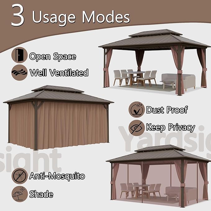 10'x12' Hardtop Gazebo, Outdoor Aluminum Frame Galvanized Steel Double Roof Pavilion with Netting and Shaded Curtains, Permanent Metal Pergolas for Patio, Backyard, Deck and Lawns.