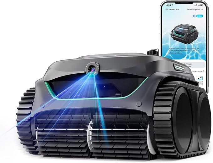 WYBOT C2 Vision AI Camera Cordless Pool Vacuum Robot for inground Pools, 8-in-1 Pool Cleaner, Ultra-fine Filtration, Brushless Motor Powerful Suction, Wall Climbing, Waterline Cleaning, Gray Green