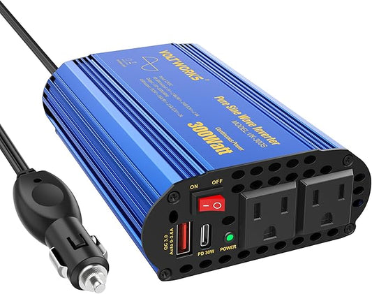 300W Pure Sine Wave Power Inverter for Car Truck RV Adapter DC 12V to AC 110V 120V with USB-C PD30W and QC3.0 USB-A and 2 AC Outlets Compatible with Lithium Battery by VOLTWORKS