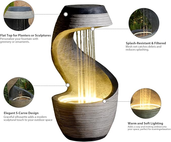 37" Tall S-Shaped Outdoor Waterfall Fountain – Rainfall Water Fountain for Garden, Patio or Backyard Decor, Floor-Standing Resin Garden Fountains Water Feature with Flat Top for Plant Display