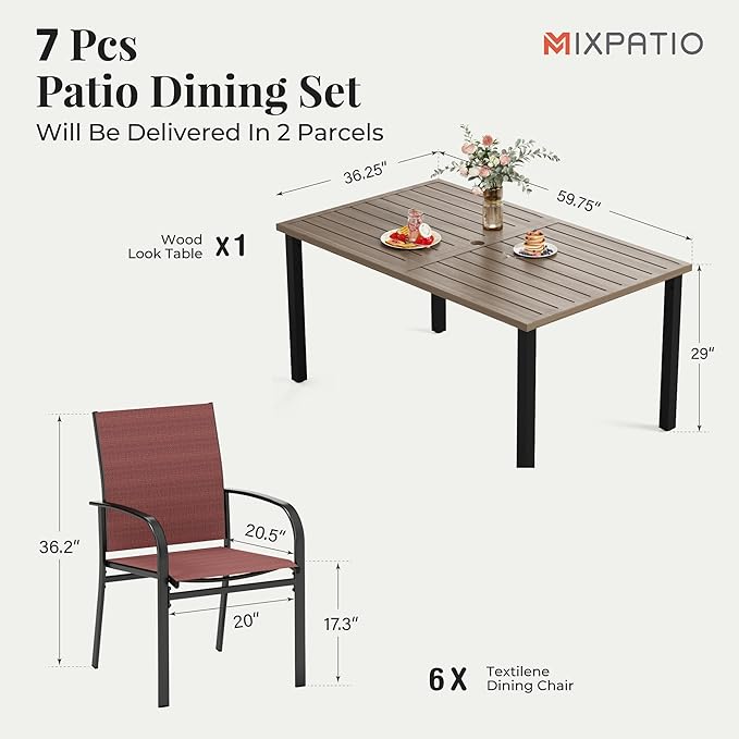 Patio Table and Chairs Set, Outdoor Dining Set for 6 with Red Chairs and Teak Color Tabletop Outdoor Dining Table, 7-Piece Patio Furniture Set for Deck Backyard Lawn