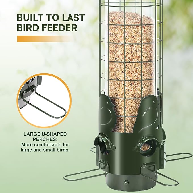 Squirrel Proof Bird Feeder,Outdoors Hanging Gravity Protection Squirrel-Proof Mesh Metal Bird Feeders,Easy Cleaning,3LB Capacity Outside Wild Birdfeeders with Finch Cardinal Chickadee-Green