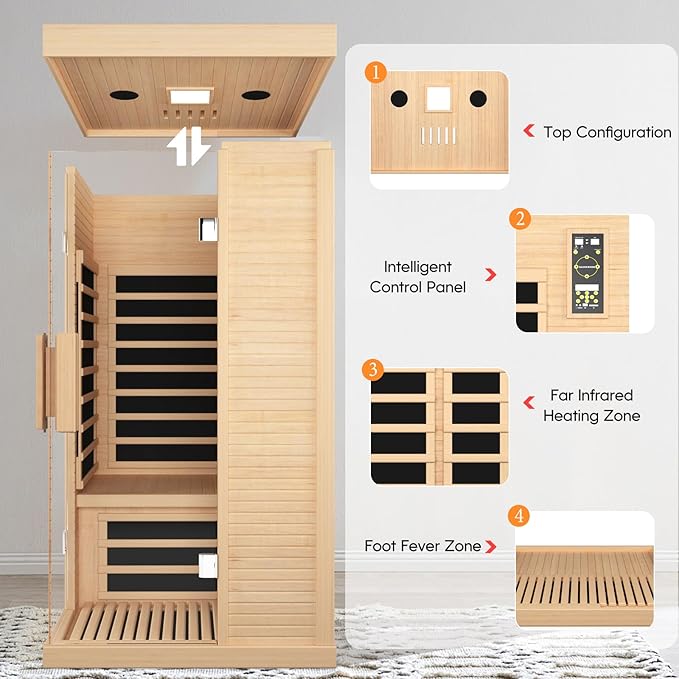 Sauna Room Indoor Far Infrared Saunas Home Canadian Hemlock 1420W Low-EMF Dry Saunas Single Person Spa with Oxygen Bar 7 Color Therapy 33.5 * 33.5 * 70.8 inch