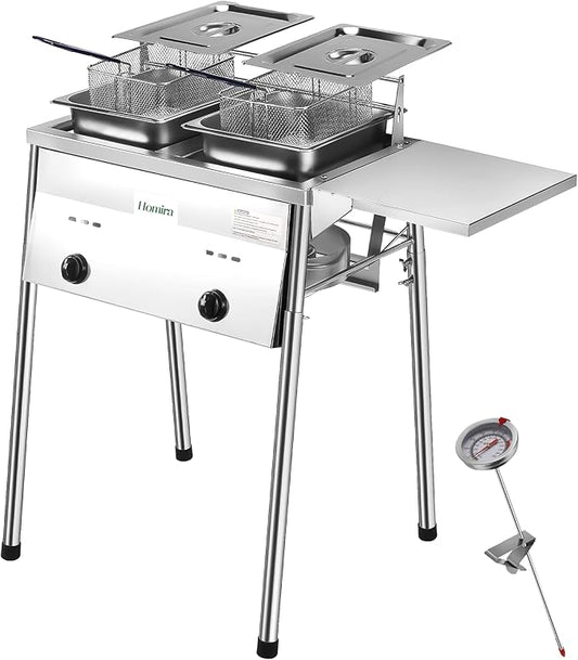 HOMIRA Stainless Steel Two-Tank Propane Deep Fryer with Thermometer, 2 Stainless Steel Baskets and Lids Fish Fryer with Adjustable Temperature Regulator, Outdoor Dual Fryer for Frying