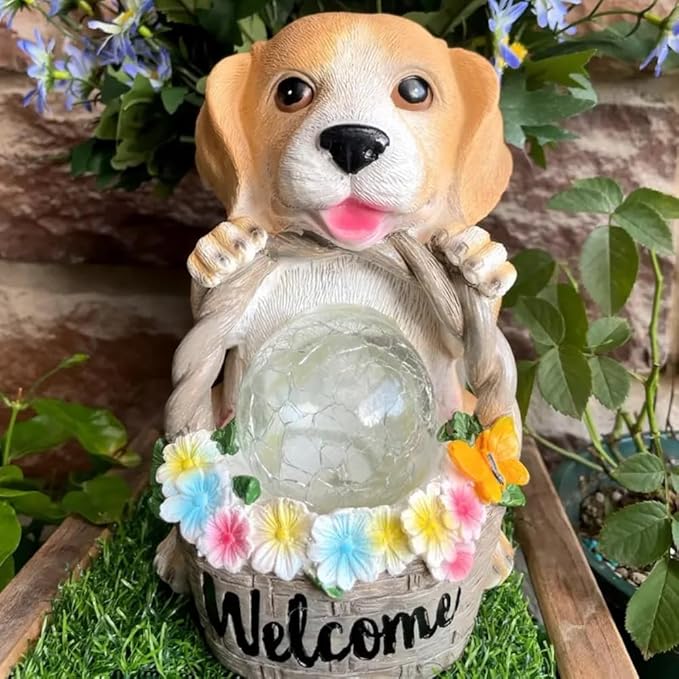 Solar Dog Statue for Outdoor Light Garden Yard Decor - Pupppy Figure for Decoration Gifts for Granpa Birthdays & Dog Lovers