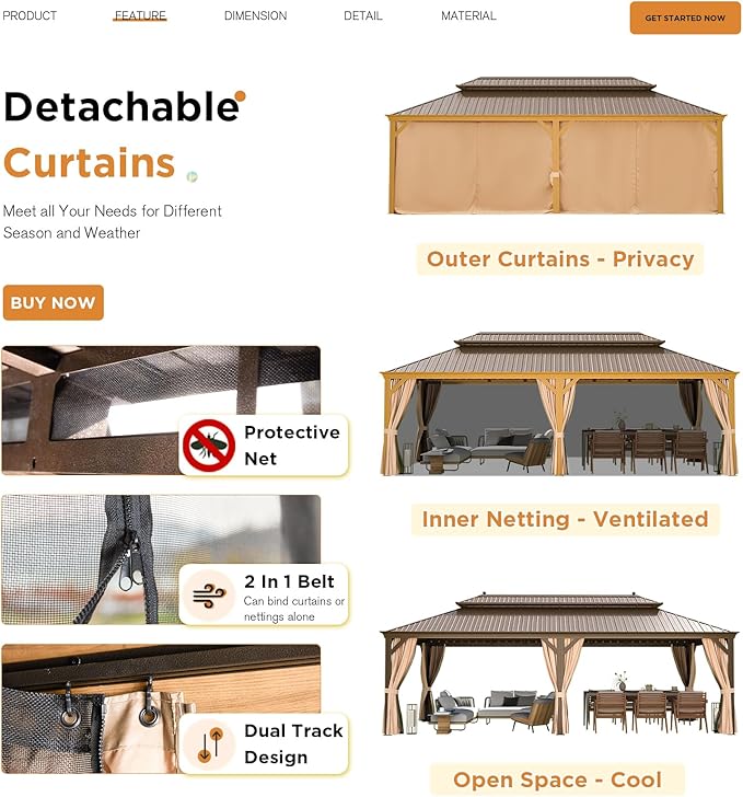 EROMMY 12'x24' Hardtop Gazebo, Galvanized Steel Double Roof with Wood Grain Aluminum Frame, Outdoor Gazebo with Curtains and Nettings for Patio, Backyard and Deck