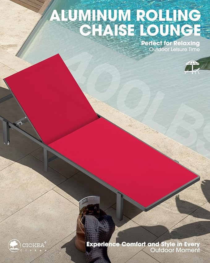 Patio Chaise Lounge Chair Set of 2, Outdoor Lounge Chairs with Wheels, 5-Position Adjustable Sun Loungers for Pool, Deck, Beach,Red