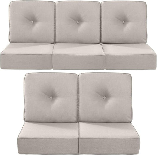 Luxury 22x24/22x25 6-Inch Outdoor Cushions for 5 Peice Patio Furniture Set - Set of 5 Water Repellent Pillow for Wicker Rocking Swivel Chairs Loveseat Couch Sectional Sofa - Beige