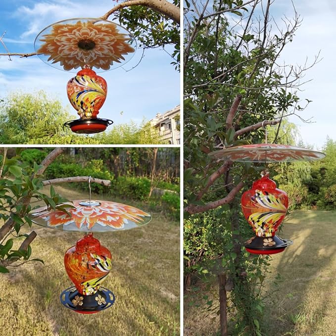 13" Glass Rain Guard for Bird Feeder Outdoors - Pack of 2PC X Baffle on Shepherd Pole/Post or S Hook Hanging - Large Weather Guard Protective Dome - Dia. 33CM - Flower Daisy