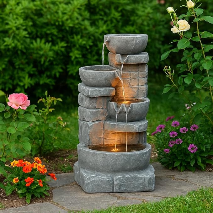 Teamson Home 33" Outdoor Water Fountain with LED Lights, 3-Tier Cascading Bowls, Weather-Resistant Resin Garden Water Feature for Patio, Lawn, and Backyard Decor – Stone Gray