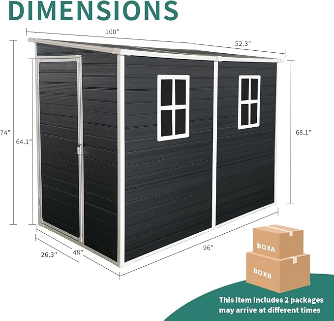 LANTRO JS Outdoor Storage Shed with Floor Included, 4x8FT Plastic Storage Shed with Floor with 2 Windows and Lockable Door, Backyard Storage Sheds for Garden Tools, Bike