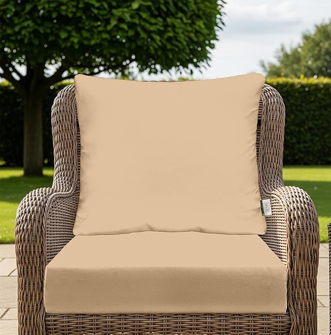 RSH DECOR Deep Seating Cushion with Pillow Back | 25” x 25.5” x 5" Seat | Water and Fade-Resistant Spun Fabric | Made in USA | Outdoor Chair Cushion Set for Patio Furniture (Tan)