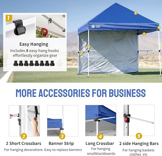 CROWN SHADES 10x10 Pop Up Canopy Tent with 1 Comercial Kit, Instant Commercial Tent with Patended Centerlock, 400D Silver Coated Fabric, 1 Sidewall, 4" Wheels, Sto'N Go Bag,Blue
