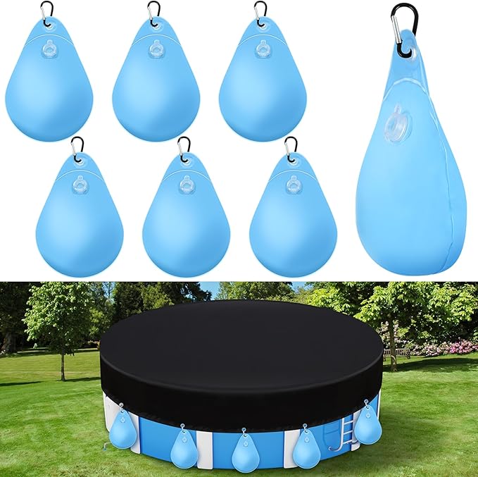 Hungdao 6 Pack Pool Cover Weights with Hooks Above Ground Hanging Water Bags Leakproof Thick PVC Swimming Pool Cover Tarp Weights Winter Antifreezing for Above Ground Closing Kit, 13.5 x 9 Inch