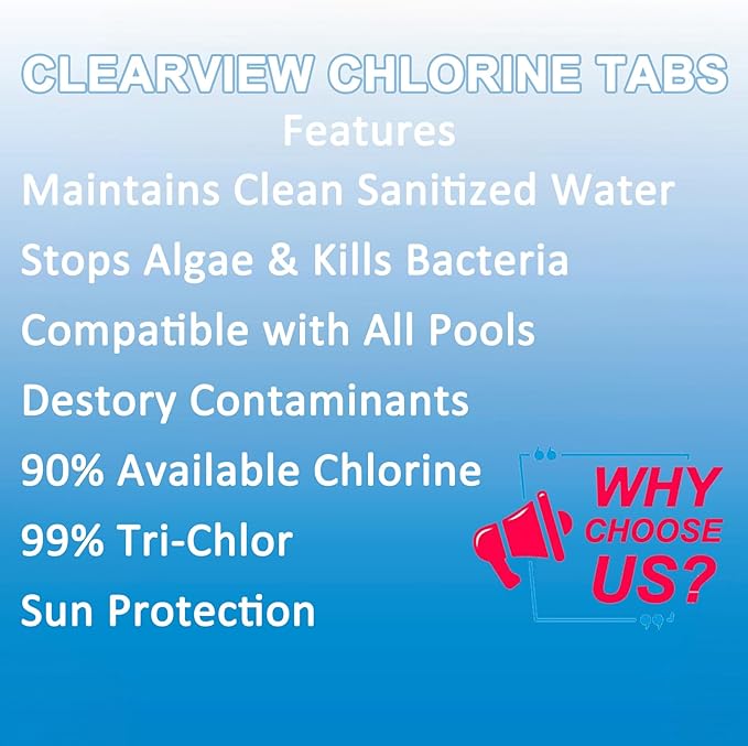ClearView Chlorine Tablets 1 Inch 10 Lbs for Swimming Pools, 1" Chlorinating Tablets for Spa Hot Tub Chemicals Pool Chlorinating Sanitizer, Kills Bacteria Controls Algae, 10 Pounds