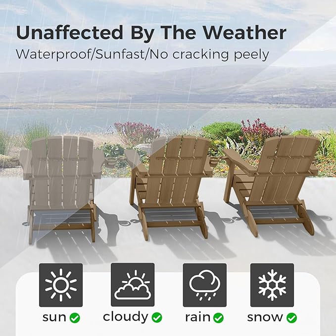 Folding Adirondack Chair Wood Texture 6 Pack, HDPE All-Weather Fire Pit Chairs, Plastic Adirondack Chairs with 2 Cup Holder, Outdoor Lawn Chair for Patio Garden (Teak)