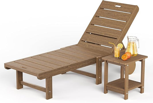 Outdoor Chaise Lounge Chairs with Table, 2-Piece, 26.8” Super Wide Lounge Chair Outdoor, HDPS Pool Chairs with 5 Positions, Patio Lounge Chair with Wheels for Pool,Lawn,Backyard, Brown