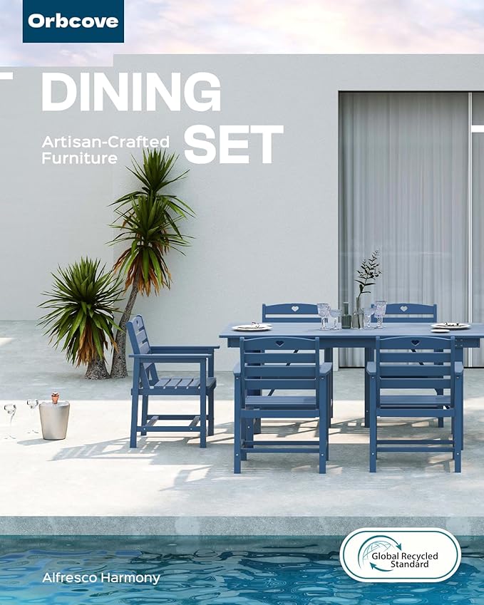 Patio Table and Chairs Set with Umbrella Hole, HDPE Patio Dining Set for 4, Outdoor Dining Set for Lawn, Patio, Porch, Deck, Poolside, Yard (Classic Blue, 5-Piece)