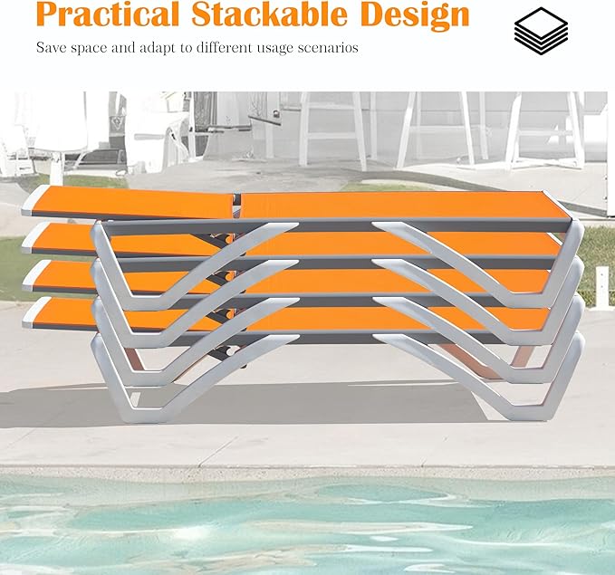 Domi Outdoor Lounge Chair Set of 3, Aluminum Patio Chaise Lounge with 5 Position Adjustable Backrest and Wheels, All Weather Reclining Chair for Patio, Yard, Balcony, Poolside (Orange)
