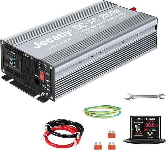 2AC 2000W Pure Sine Wave Inverter, Convert DC 12V to AC 110V 120V, 18W USB, and 30W Type-C Charging Ports, Car Solar Power Inverters for Truck, Home, Vehicles, RV