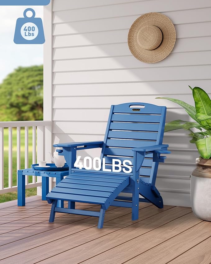 Folding Adirondack Chair with Retractable Ottoman Weather Resistant Fire Pit Chair Patio Chair with 2 Cup Holder Lawn Outdoor Lounge Chair (Navy Blue)