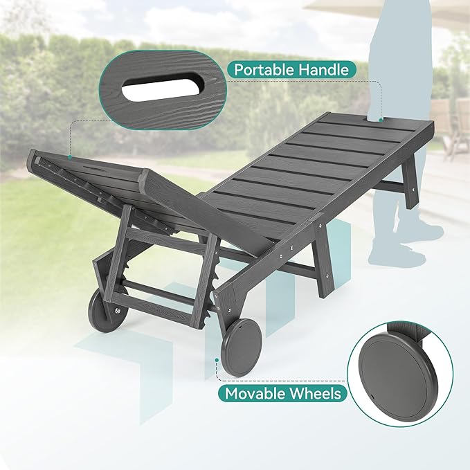 Outdoor Chaise Lounge Chairs with Table, 6-Piece, 26.8” Super Wide Lounge Chair Outdoor, HDPS Pool Chairs with 5 Positions, Patio Lounge Chair with Wheels for Pool,Lawn,Backyard, Dark Gray