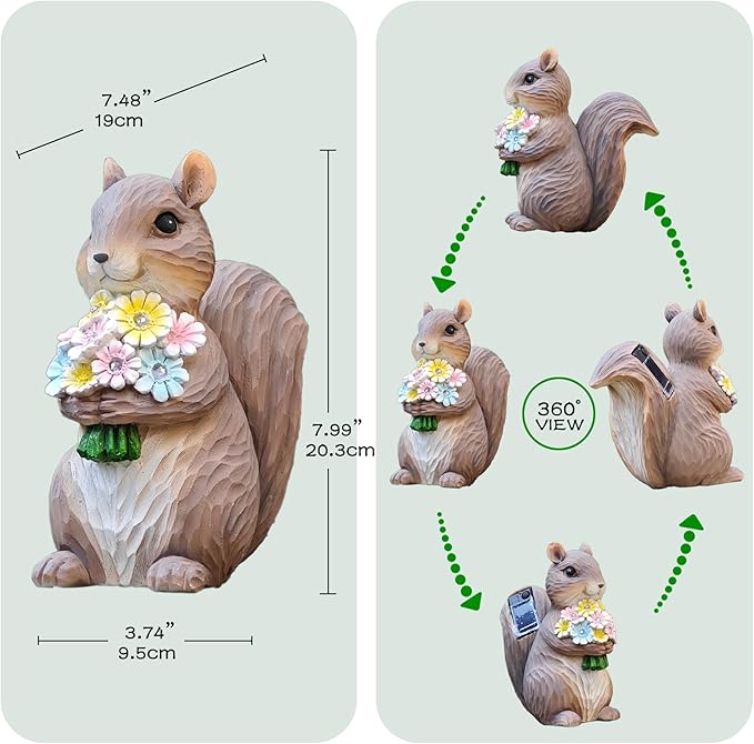 Solar Garden Squirrel Statue, Outdoor Resin Decor with Floral Accents, Resin Decorations Squirrel Figurine for Patio Lawn Porch Yard Ornaments for Mom Grandma Wife