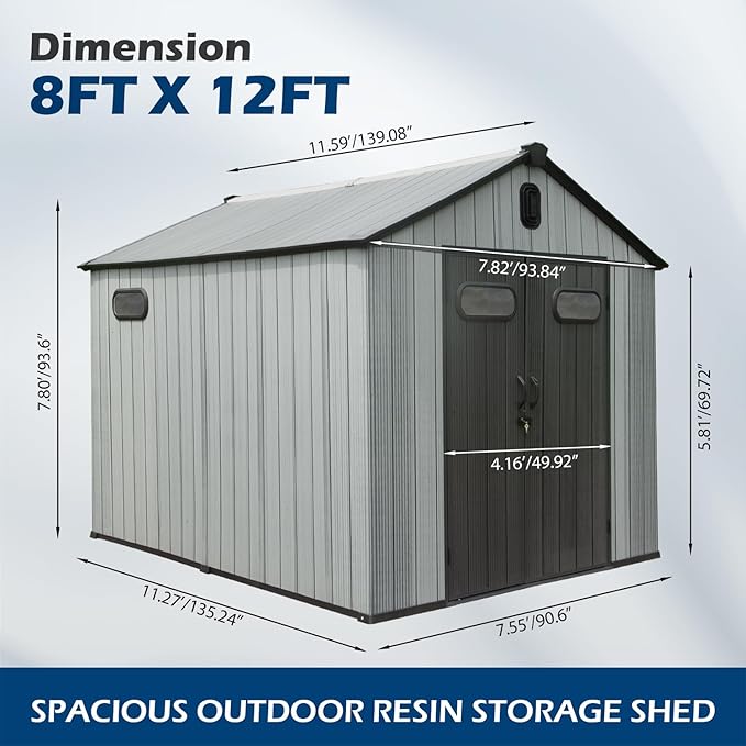Domi 8×12ft Outdoor Resin Storage Shed - 578+ Cubic Ft Weatherproof Double-Wall Yard Shed with Carpet, Lockable Door and Skylight, Heavy-Duty Steel Frame Storage Building for Lawn Mower, Bike, Tools