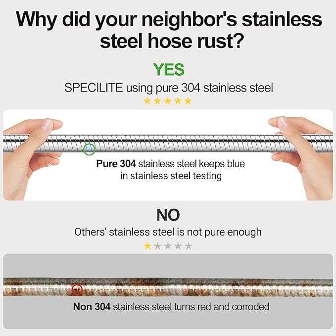 SPECILITE Stainless Steel Garden Water Hose 50 ft with Swivel Handle, Lightweight & Flexible Pipe with Heavy Duty Nozzle for Yard, Outdoor, Lawn