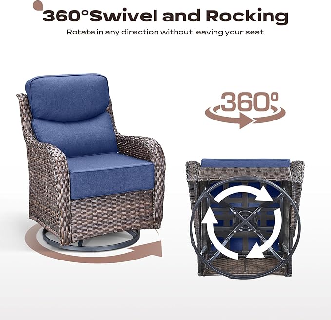 Rilyson 4 Piece Outdoor Patio Swivel Rocker Chairs, Waterproof Wicker, High Back, Deep Seating, Wide Armrest, Upgraded 6 inch Thick Cushions, Ideal for Deck Porch Backyard, Brown/Blue