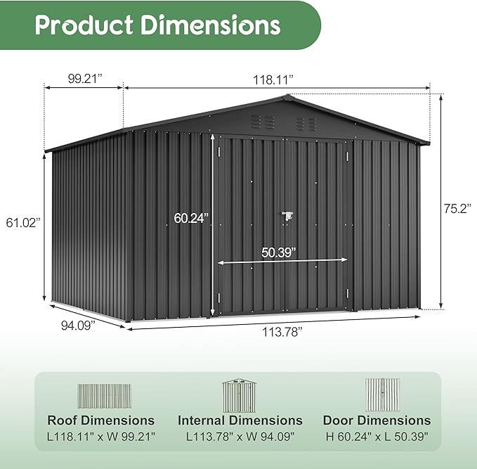 10x8 FT Outdoor Storage Shed with Floor Frame Structure and Lockable Doors, Durable and Sturdy Meta Sheds with Waterproof Roof Garden Tool Shed Ideal for Backyard Patio (Black
