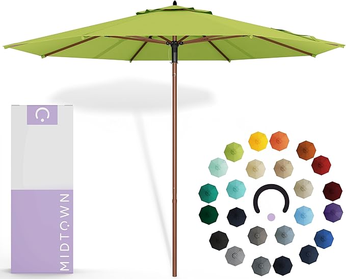 Midtown Umbrellas The Wooden 9 Feet Patio Umbrella With Sunbrella Macaw Acrylic Fabric - Aluminum Frame Market Umbrella For Backyard, Deck, Garden, Pool - Wooden Pole
