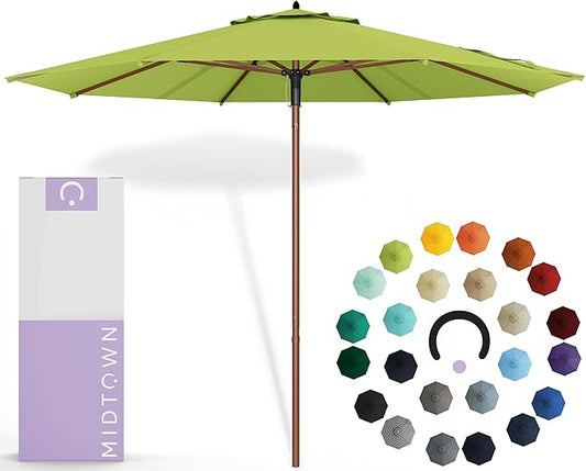 Midtown Umbrellas The Wooden 9 Feet Patio Umbrella With Sunbrella Macaw Acrylic Fabric - Aluminum Frame Market Umbrella For Backyard, Deck, Garden, Pool - Wooden Pole