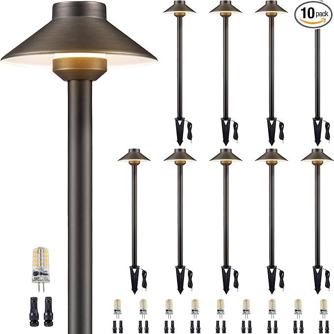 Gardenreet 12V Brass Landscape Path Lights - LED Low Voltage Pathway Lamp IP65 Waterproof, Outdoor Walkway Lighting Wired, Hat Bronze for Patio Lawn with 3W 270LM 5000K Daylight G4 Bulb (10 Pack)